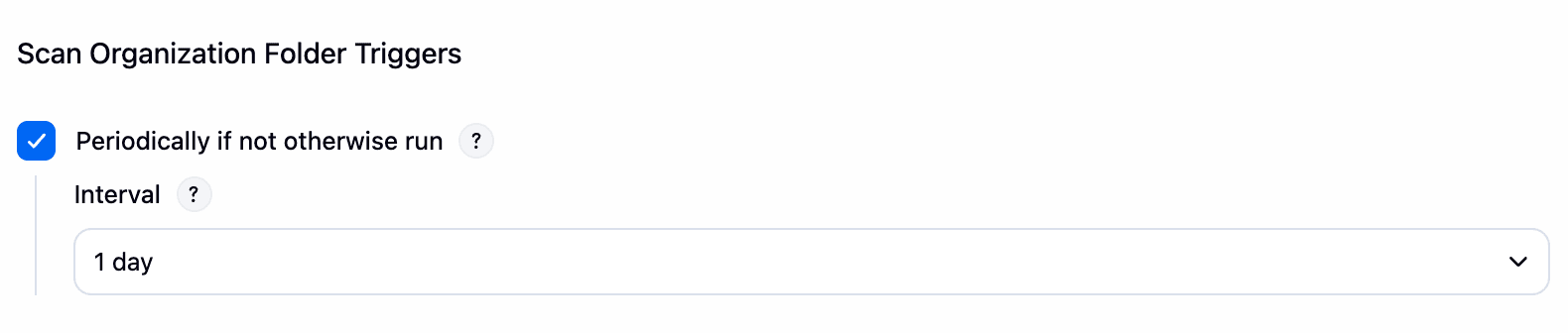Configuration page for the 'CloudBeersInc' project, of the GitHub Organization Folder type. In the 'Scan Organization Triggers' section the 'Periodically if not otherwise run' option is checked and the Interval is set to '1 day'.